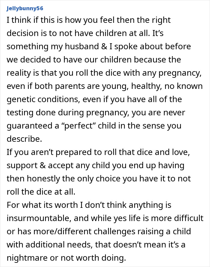 Comment discussing reconsidering motherhood after having autistic kids in the family, focusing on limits and challenges.