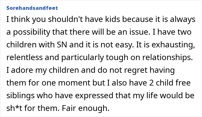 User comment discussing challenges of raising autistic children and reconsidering motherhood based on limitations awareness