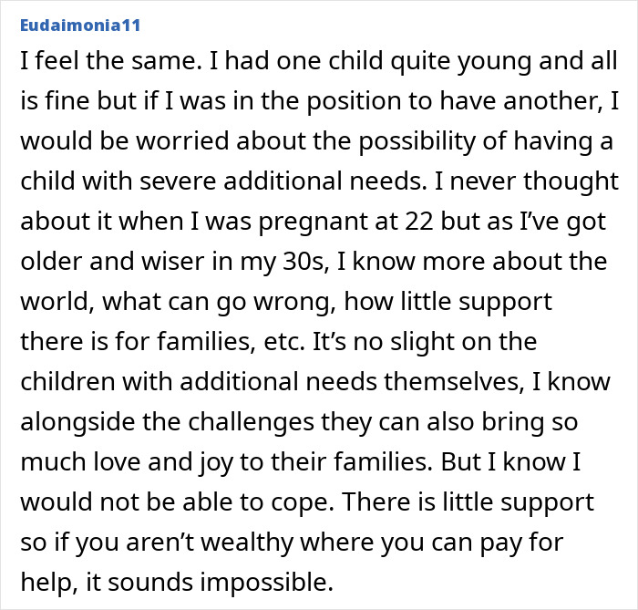 Comment discussing worries about having a child with severe additional needs and support for autistic kids.