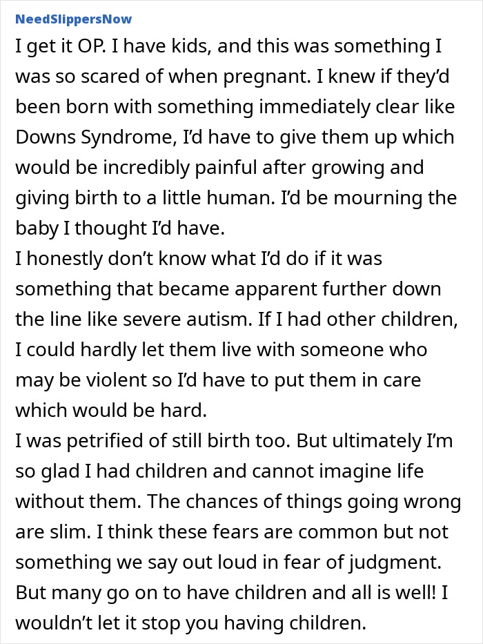Commenter reflects on fears of pregnancy complications and how cousin&rsquo;s autistic kids made her reconsider becoming a mother.
