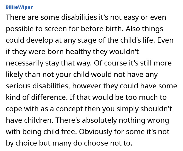 Comment discussing challenges of disabilities and autism influencing reconsideration of becoming a mother and choosing child-free life.