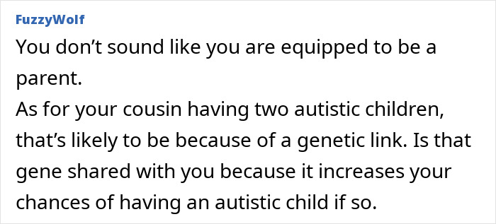 Text screenshot showing a comment discussing autistic children and reconsidering becoming a parent due to genetic concerns.