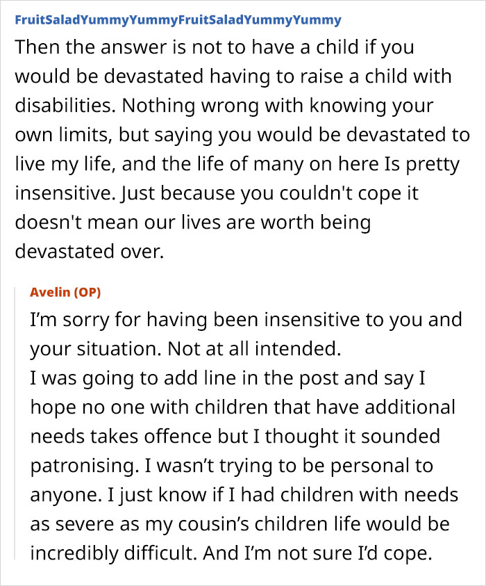 Comment discussing limits and challenges of raising autistic children, influencing reconsideration of becoming a mother.