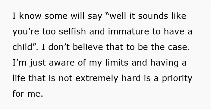 Text excerpt discussing awareness of personal limits influencing decision on becoming a mother after cousin&rsquo;s autistic kids experience.