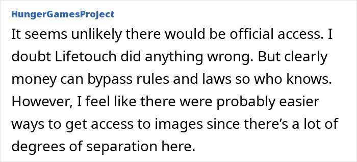 User comment discussing doubts about Lifetouch's actions and possible easier ways to access images linked to Epstein files controversy. User comment discussing doubts about Lifetouch's actions and possible easier ways to access images linked to Epstein files controversy.