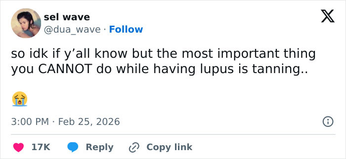 Tweet about lupus and tanning, sparking discussions related to Selena Gomez's beach trip and transplant conspiracy theories. Tweet about lupus and tanning, sparking discussions related to Selena Gomez's beach trip and transplant conspiracy theories.