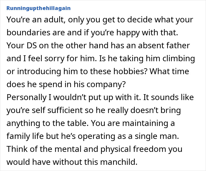 Comment discussing a guy scheduling multiple hobbies before breakfast while partner feels ignored and counts minutes.