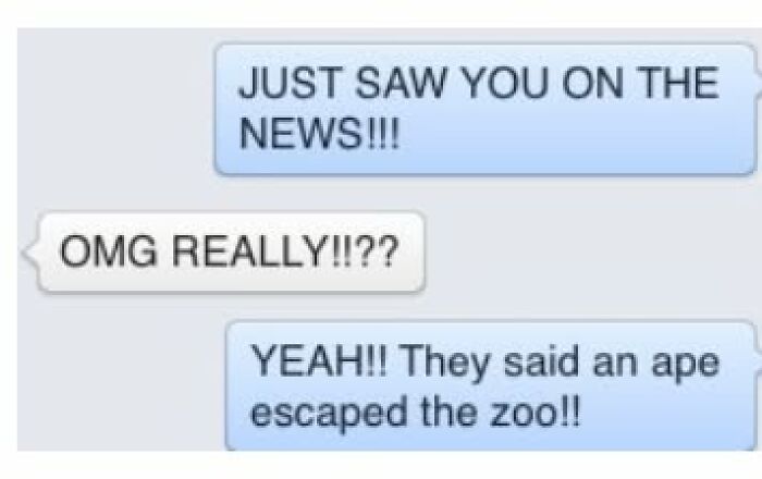 Screenshot of hilarious text conversation mentioning an ape escaping the zoo, showcasing funny texts too hilarious to delete.