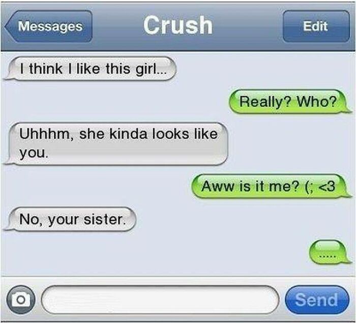 Text message conversation screenshot showing a hilarious crush confession and awkward reply in funny texts.