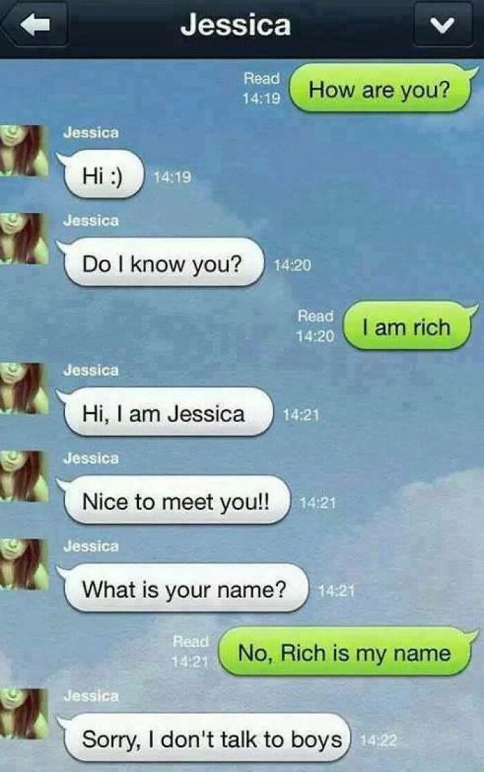 Text message exchange showing a hilarious conversation that is too funny to delete with a misunderstanding about the name Rich.