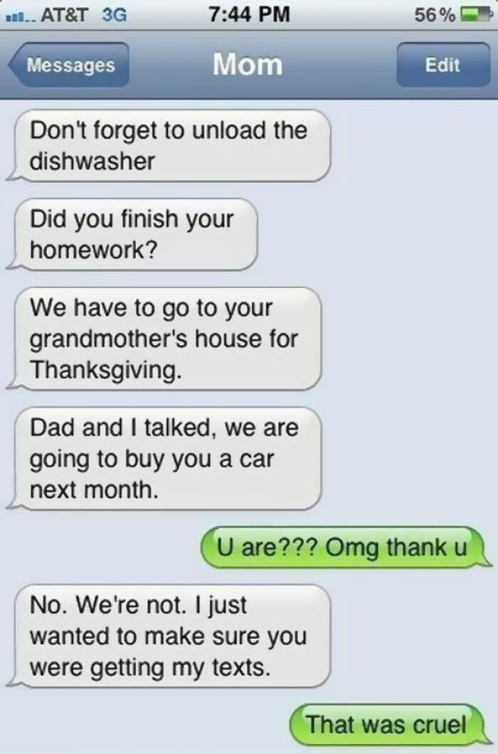 Screenshot of hilarious text messages between a mom and child, highlighting funny and relatable text conversations.