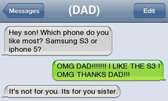 Text message screenshot showing a hilarious conversation between dad and son about Samsung S3 versus iPhone 5.