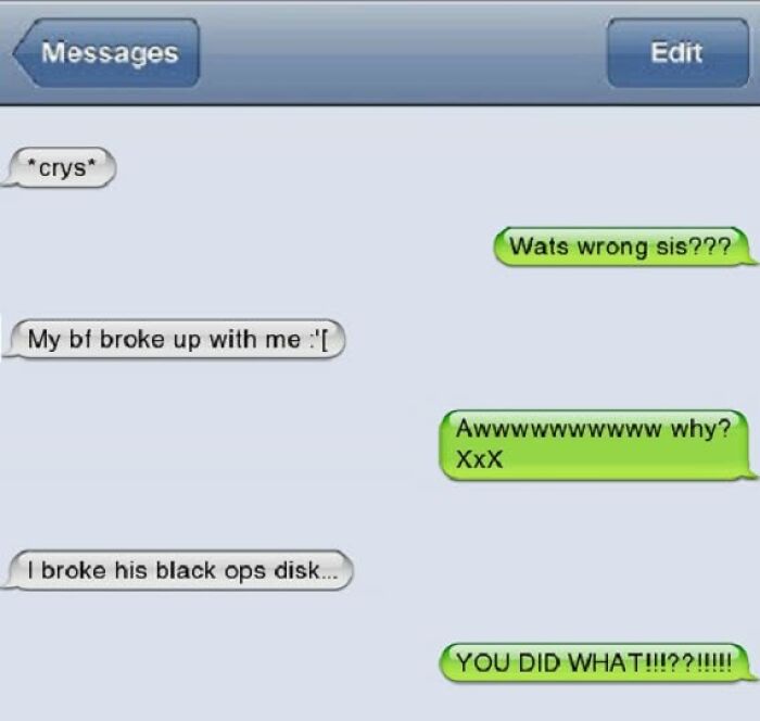Screenshot of a hilarious text conversation about a breakup caused by breaking a gaming disk, showcasing funny texts.