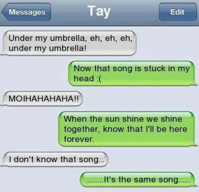 Screenshot of hilarious text conversation sharing song lyrics and confusion about the same song in a funny chat exchange.
