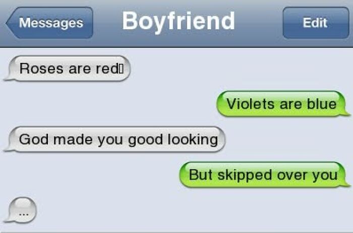 Screenshot of hilarious texts between boyfriend and girlfriend with a playful and funny message exchange.