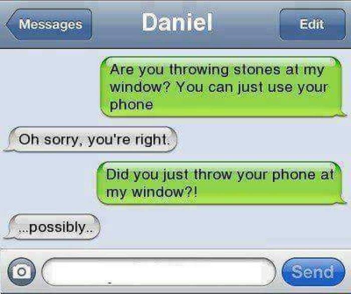 Text message screenshot showing a funny conversation about throwing a phone at a window, highlighting hilarious texts.