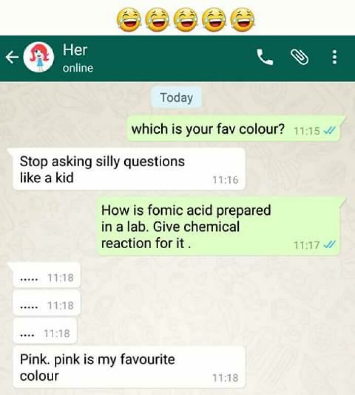 Funny screenshots of text messages showing a humorous conversation about favorite colour and chemical reactions.