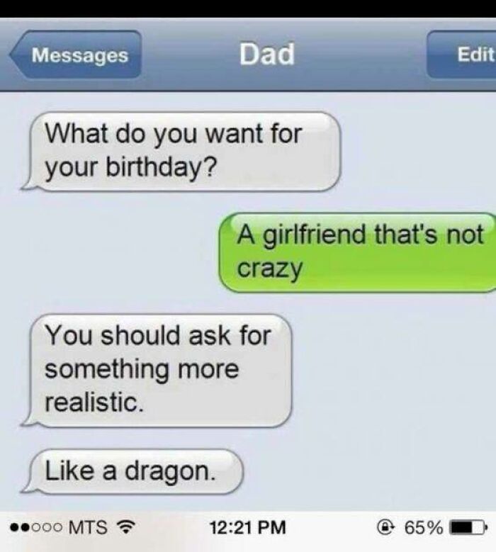 Screenshot of a hilarious text exchange between dad and child, showcasing funny and relatable texting humor.