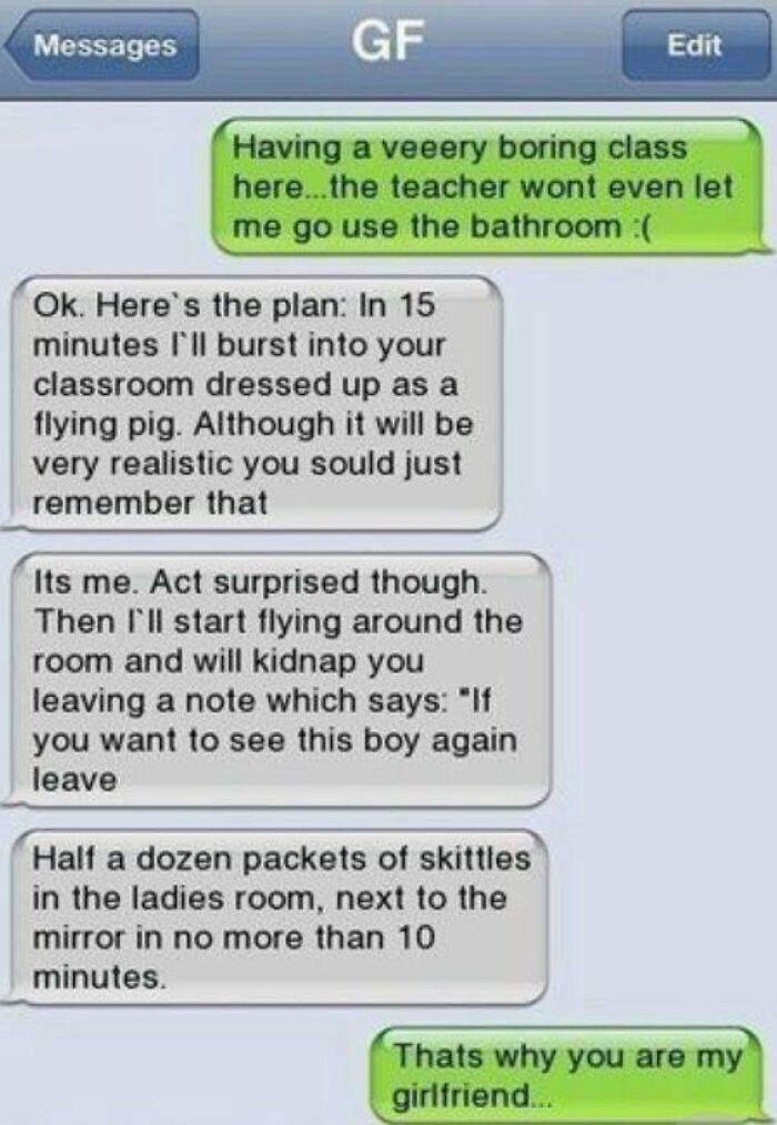 Text message screenshot showing a hilarious conversation planned as a prank with flying pig and Skittles in a classroom setting.