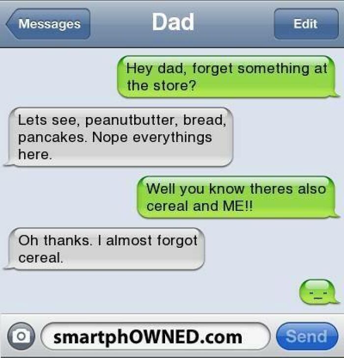 Text message conversation between dad and child with funny exchange about forgetting groceries, showcasing hilarious texts.