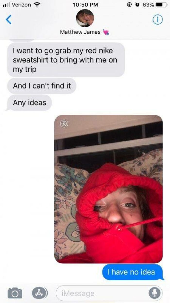 Funny text conversation showing a person hiding in a red sweatshirt, a hilarious screenshot of texts.