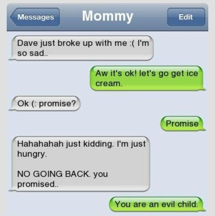 Text message screenshots showing a hilarious conversation between a child and Mommy about ice cream and breakups.