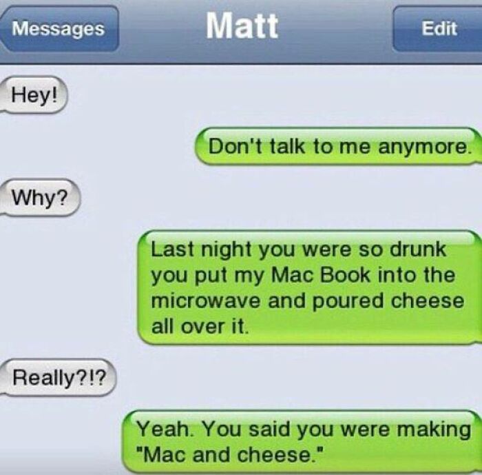 Funny text message screenshot showing a hilarious misunderstanding involving Mac Book and cheese in a comedic conversation.