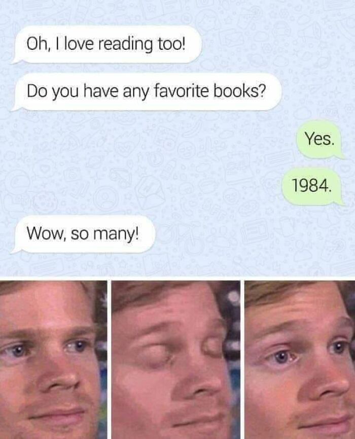 Text message conversation about favorite books with a humorous reaction meme, highlighting hilarious text screenshots.