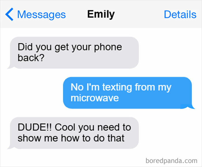 Screenshot of a hilarious text conversation showing a joke about texting from a microwave in funny messages.