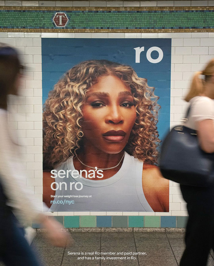 Serena Williams in a subway ad promoting weight loss transformation with Ro, amid Super Bowl ad controversy.