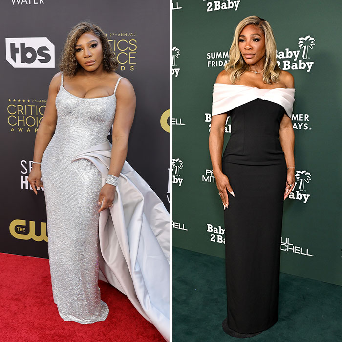 Serena Williams posing on red carpet before and after controversial weight loss transformation amid Super Bowl ad backlash