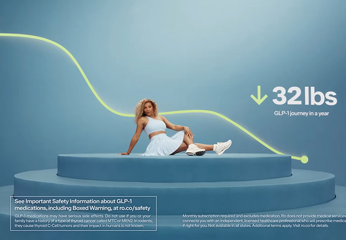 Serena Williams posing in sporty white outfit with weight loss graph showing 32 lbs lost during GLP-1 journey.
