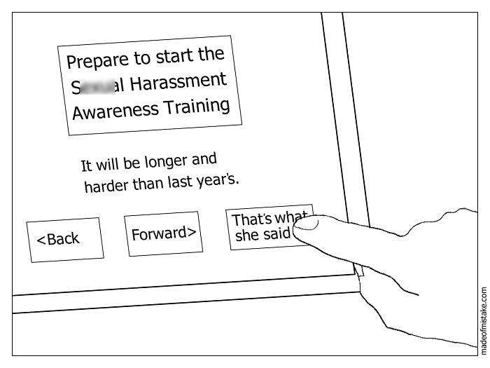 Minimalistic comic panel showing a hand pressing a humorous button during s****l harassment awareness training.