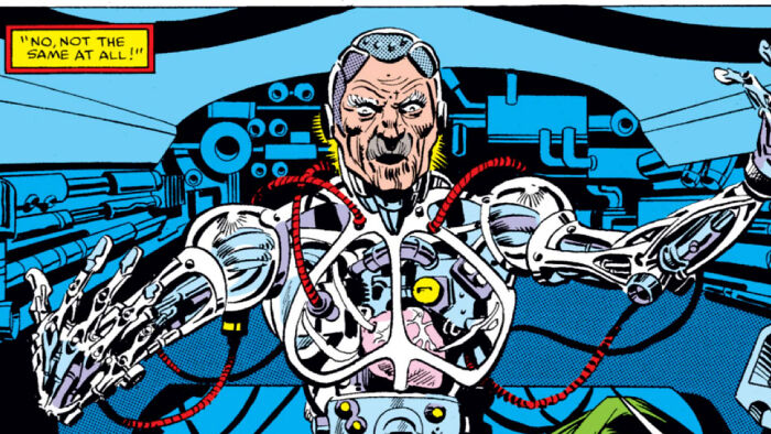 Spider-Noir villain with mechanical arms and cybernetic enhancements shown inside a high-tech control room. Spider-Noir villain with mechanical arms and cybernetic enhancements shown inside a high-tech control room.