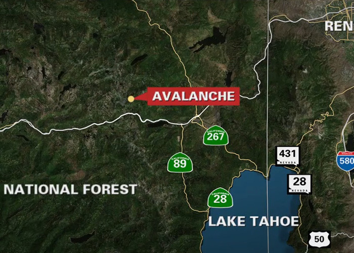 Map showing location of avalanche near Lake Tahoe in a national forest where six mothers lost their lives tragically.
