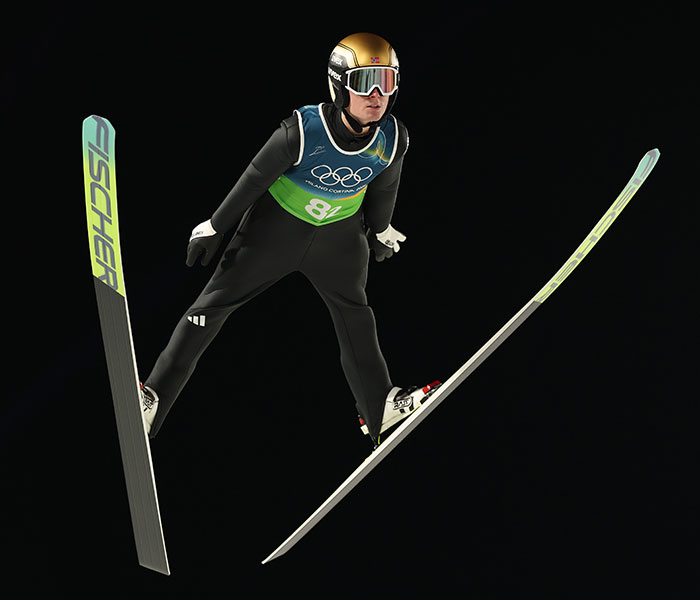 Ski jumper in mid-flight during a 2026 Winter Olympics event showcasing wild and bizarre moments.