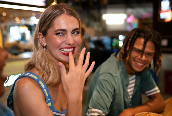 Young woman smiling nervously while man beside her laughs, hinting at tension between girlfriend and best friend&rsquo;s girlfriend.