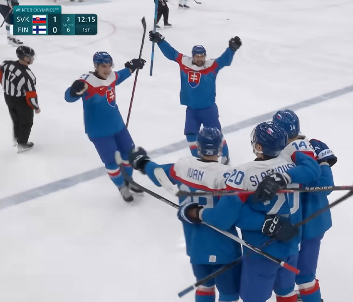 Slovak ice hockey players celebrating a goal during a wild moment at the 2026 Winter Olympics so far.