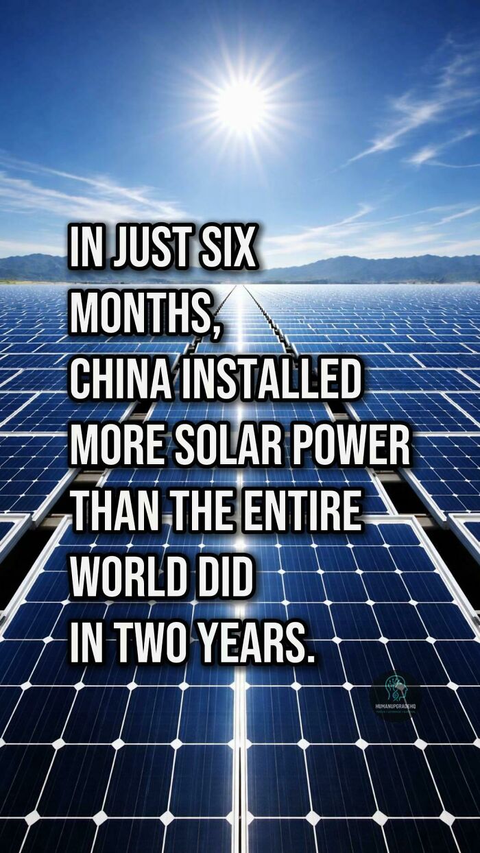 Solar panels under bright sun with text about China's achievement installing more solar power recently.