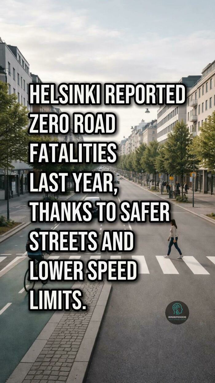 City street scene with zero road fatalities reported, highlighting safer streets and lower speed limits as good things recently.