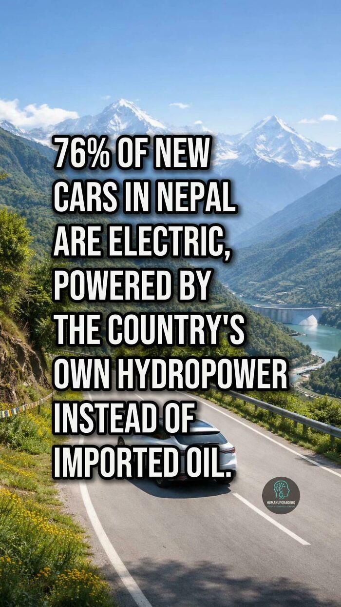 Scenic mountain road in Nepal with electric cars powered by the country’s hydropower, highlighting recent good news.