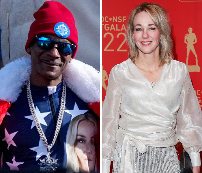 Man in red beanie and sunglasses with star-patterned jacket next to woman in light blouse at Winter Olympics event.