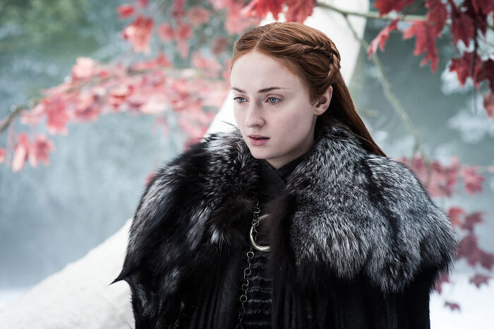 Sophie Turner as Sansa Stark in Game of Thrones wearing a fur cloak with autumn leaves in the background. Sophie Turner as Sansa Stark in Game of Thrones wearing a fur cloak with autumn leaves in the background.