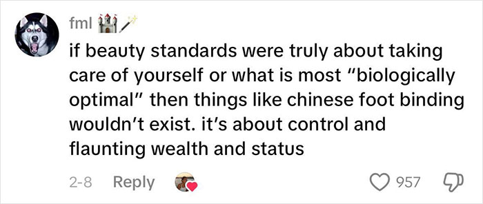 Comment explaining beauty standards as control tools, not about self-care or biological ideals, with a husky profile picture. Comment explaining beauty standards as control tools, not about self-care or biological ideals, with a husky profile picture.