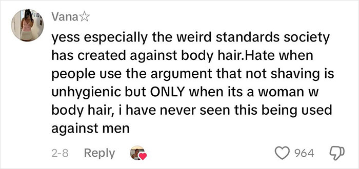 Comment discussing how beauty standards unfairly target women’s body hair and are used against women in society. Comment discussing how beauty standards unfairly target women’s body hair and are used against women in society.
