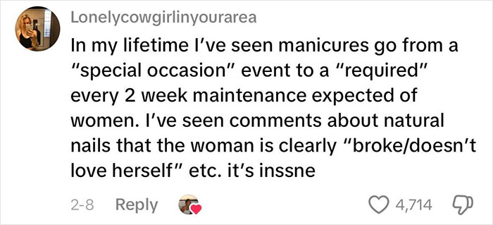 Woman explains how beauty standards pressure women with unrealistic manicure expectations and societal judgments. Woman explains how beauty standards pressure women with unrealistic manicure expectations and societal judgments.