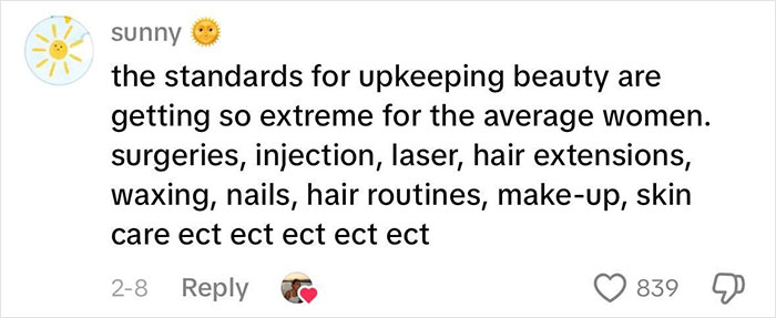 Comment discussing extreme beauty standards for women, mentioning surgeries, injections, hair routines, and makeup challenges. Comment discussing extreme beauty standards for women, mentioning surgeries, injections, hair routines, and makeup challenges.