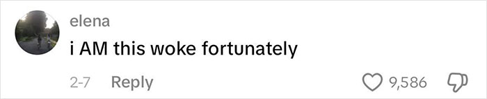 Comment from user Elena saying "i AM this woke fortunately" with 9,586 likes, reflecting views on beauty standards against women. Comment from user Elena saying "i AM this woke fortunately" with 9,586 likes, reflecting views on beauty standards against women.