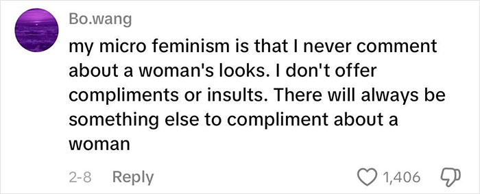 Comment highlighting a woman’s micro feminism approach, avoiding beauty standards and focusing beyond looks. Comment highlighting a woman’s micro feminism approach, avoiding beauty standards and focusing beyond looks.