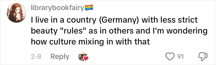 Comment on beauty standards and culture mixing by a woman questioning strict beauty rules in Germany. Comment on beauty standards and culture mixing by a woman questioning strict beauty rules in Germany.
